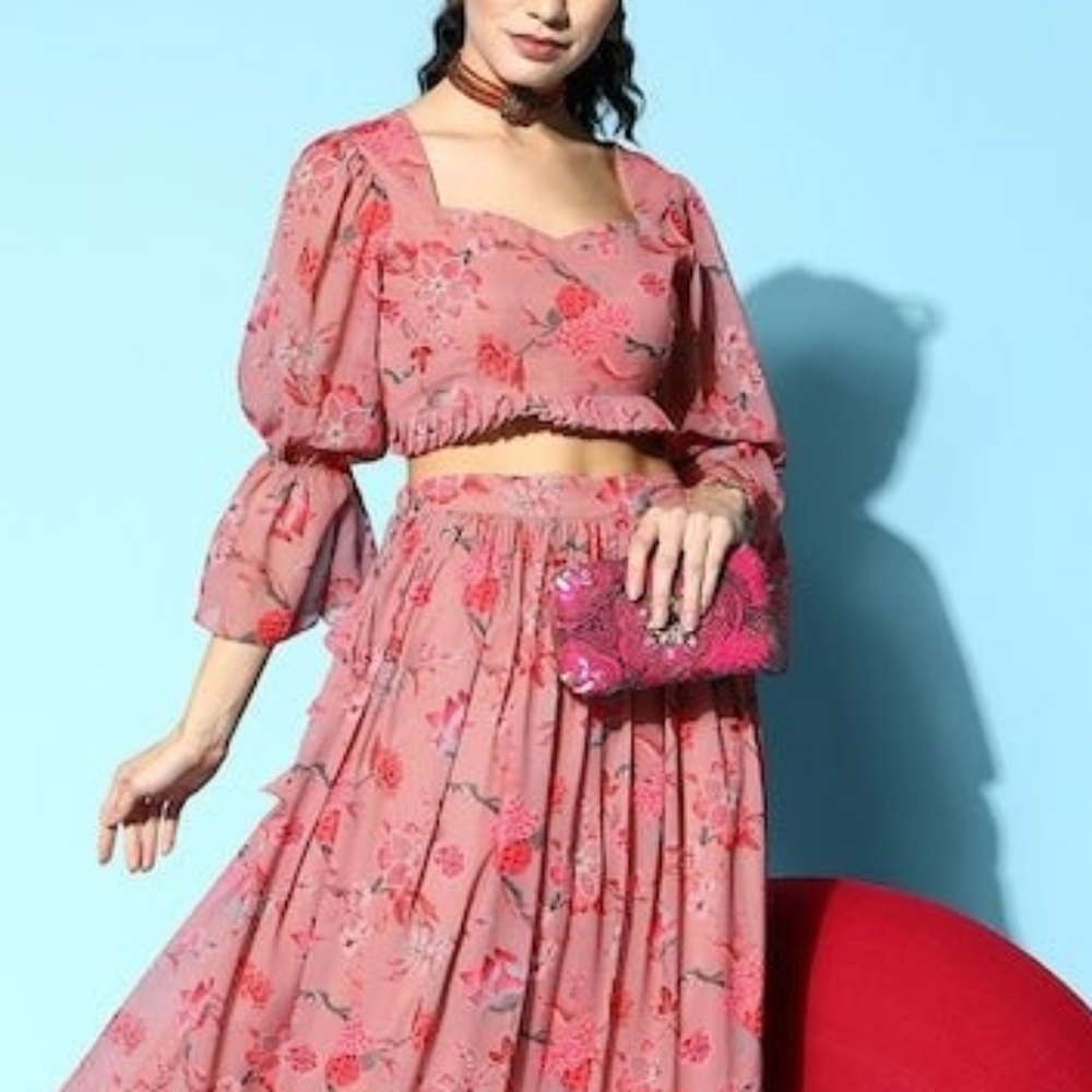 NWT Indya Luxe pink floral chiffon crop top size L bell sleeves